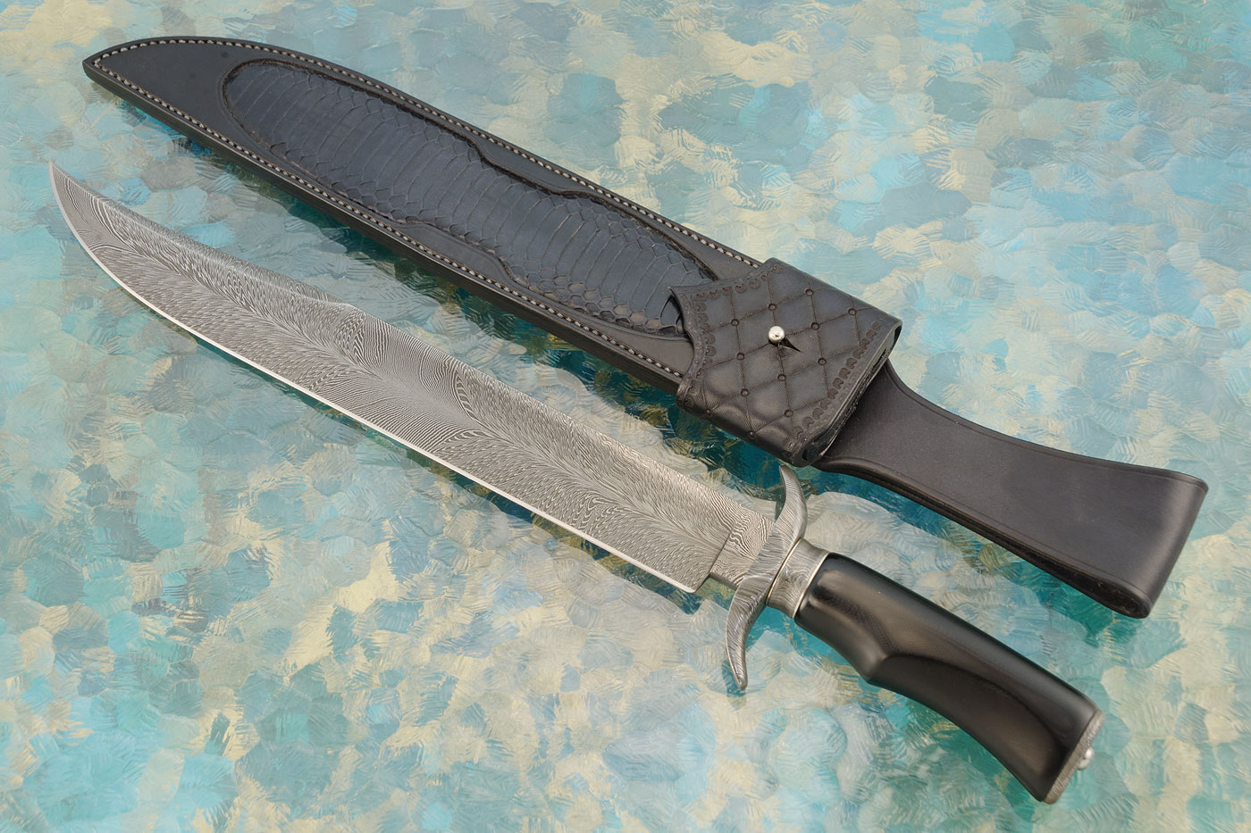 Feather Damascus Bowie with Black G10