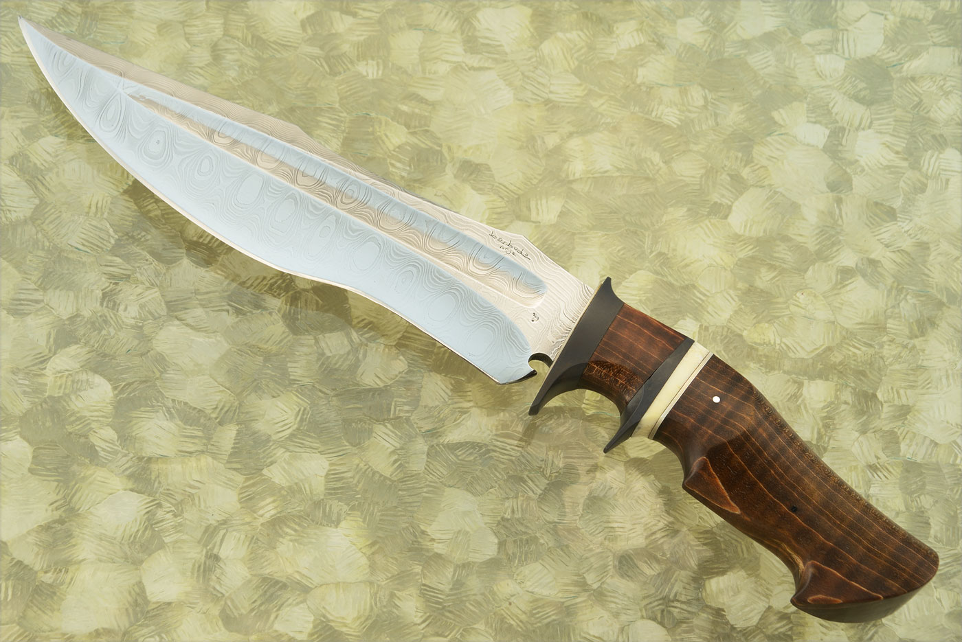 Leon Damascus Sub-Hilt Fighter with Tiger Maple, Walrus Ivory, and Titanium