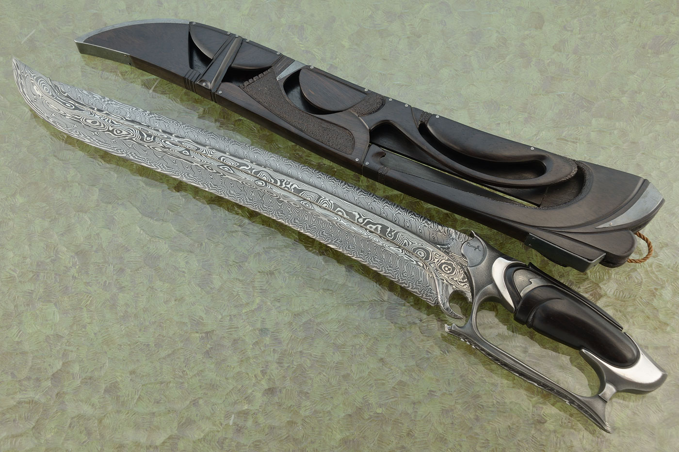 Damascus Short Sword with African Blackwood and Silver