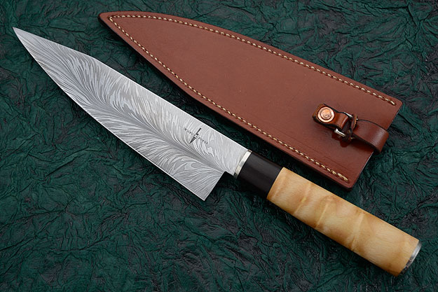 Chef's Knife with Feather Pattern Damascus, Quilted Buckthorn and Ebony (7-3/4 inches)