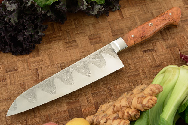 Chef's Knife (Santoku) with Damascus San Mai and Cherry Wood Burl (7