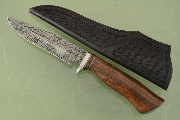 Feather Pattern Damascus Fighter with Ringed Gidgee