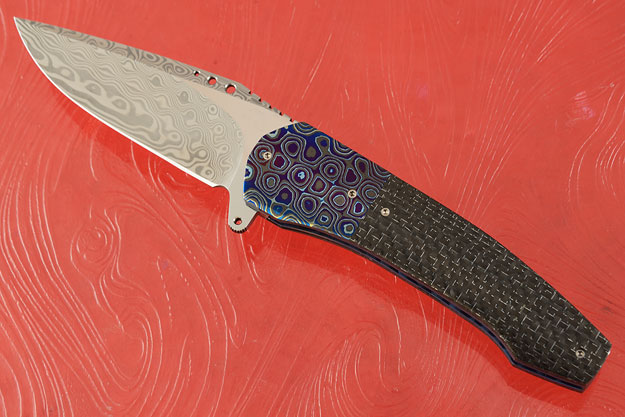 Damascus Grizzly Tactical Flipper with Silver Strike Carbon Fiber, Moku-ti and MoonGlow II (IKBS)