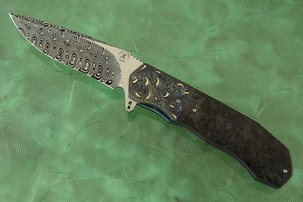 L44M Flipper with Damascus, Marbled Carbon Fiber and Zirconium - Engraved with Gold Inlay (Ceramic IKBS)