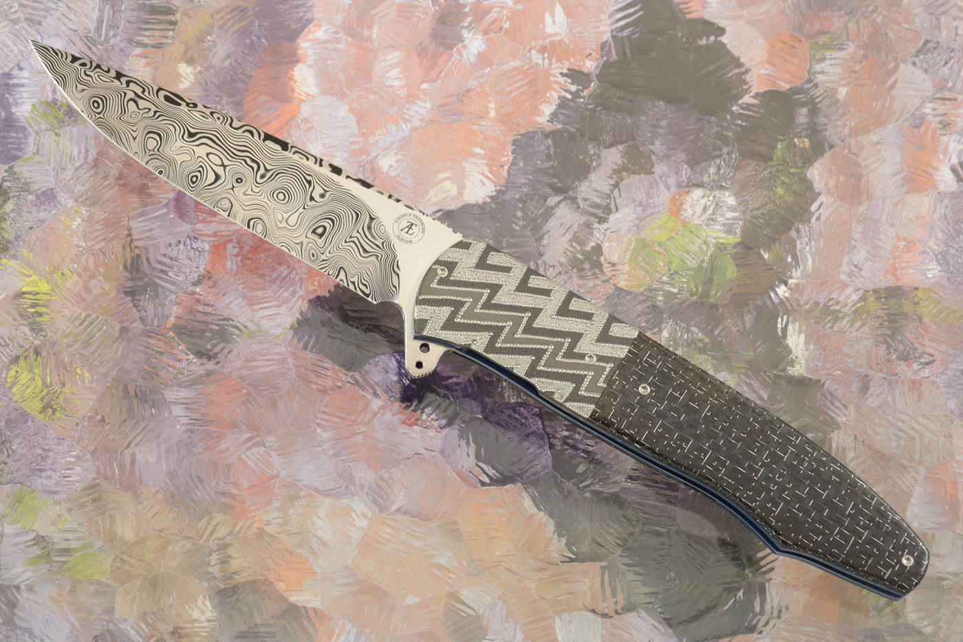 L20 Flipper with Damascus and Silver Strike Carbon Fiber (Ceramic IKBS)