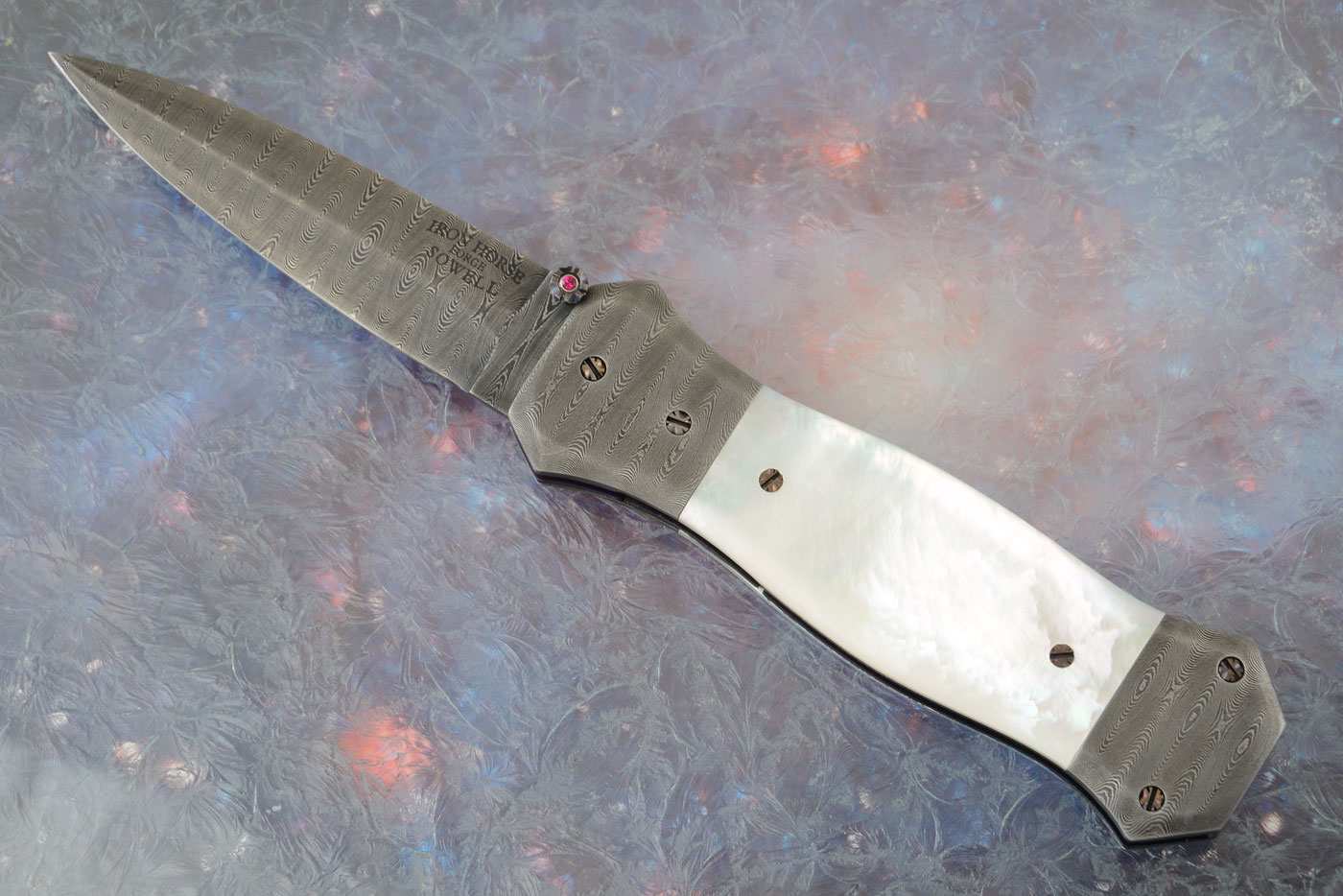 Laddered Damascus Folding Dagger with Whitelip Mother of Pearl