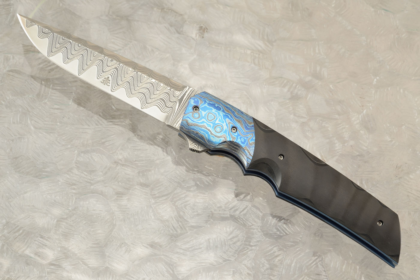 XX San Mai Damascus Drop Point Flipper with Chatoyant Carbon Fiber and Black Timascus (IKBS)