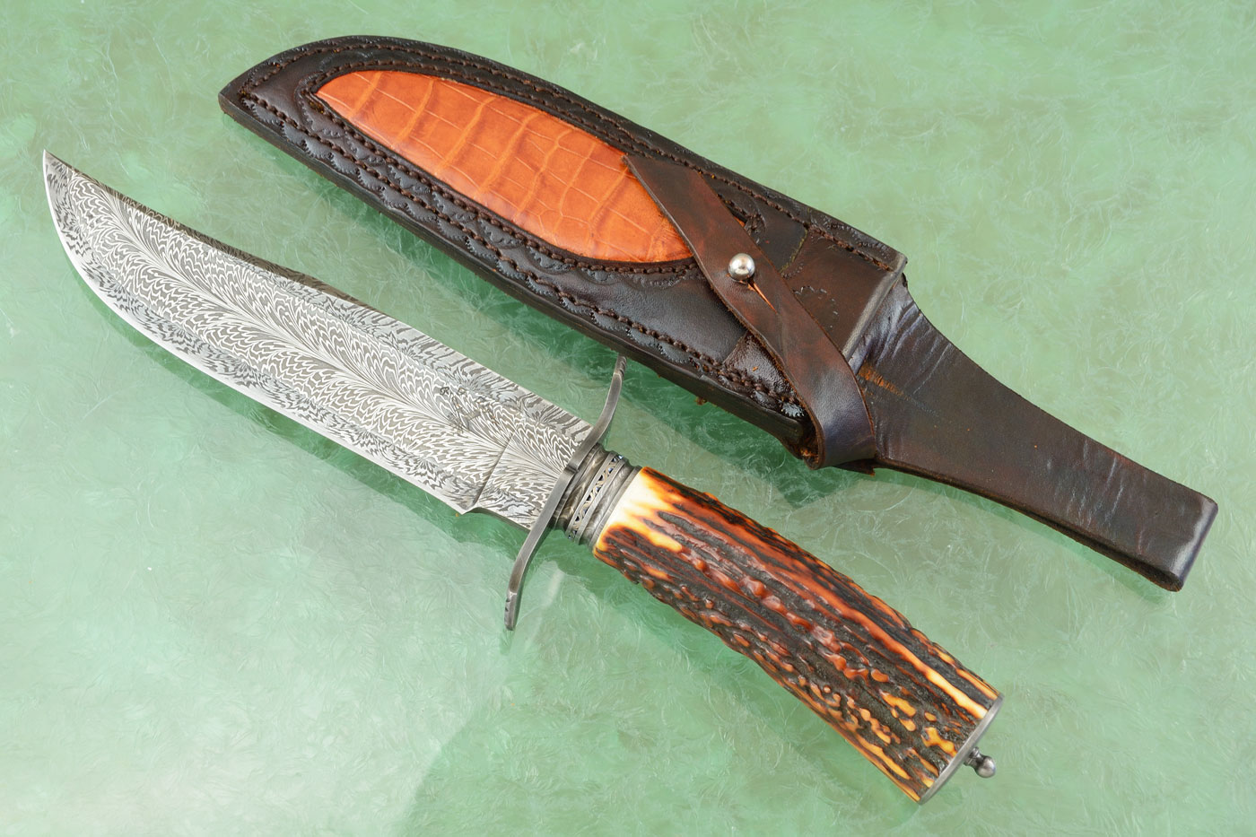 Damascus Bowie with Sambar Stag