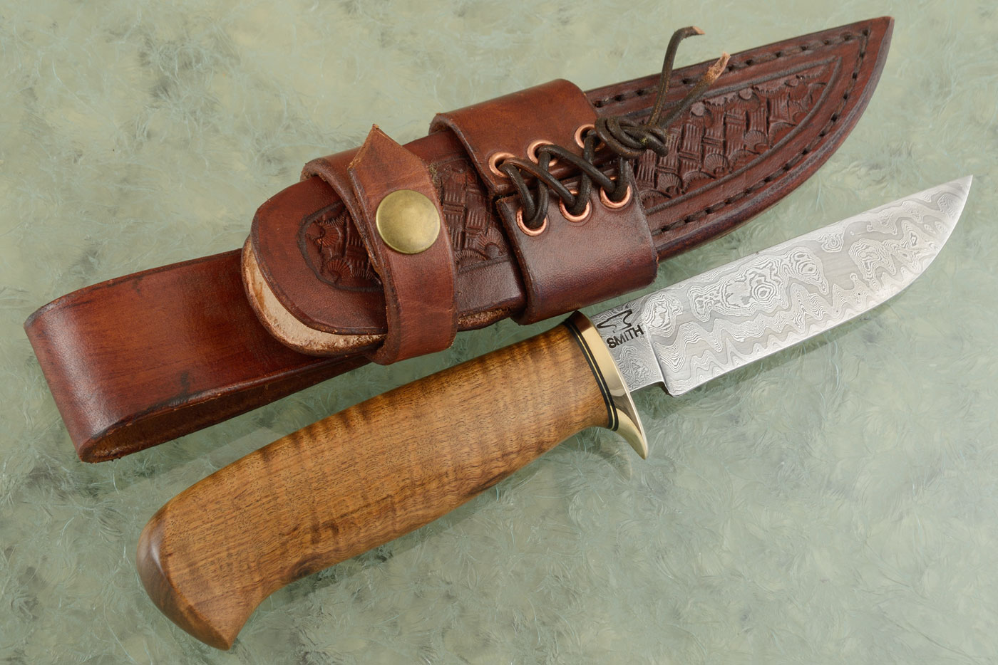 Damascus Drop Point Hunter with Curly Tambotie