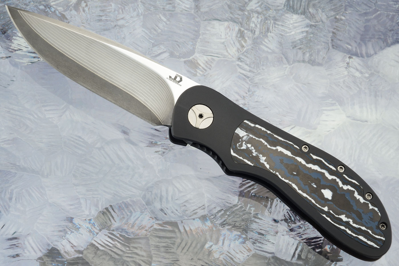 EDC Front Flipper Bolster Lock with Blue/White FatCarbon and SG2 Damascus San Mai (IKBS)