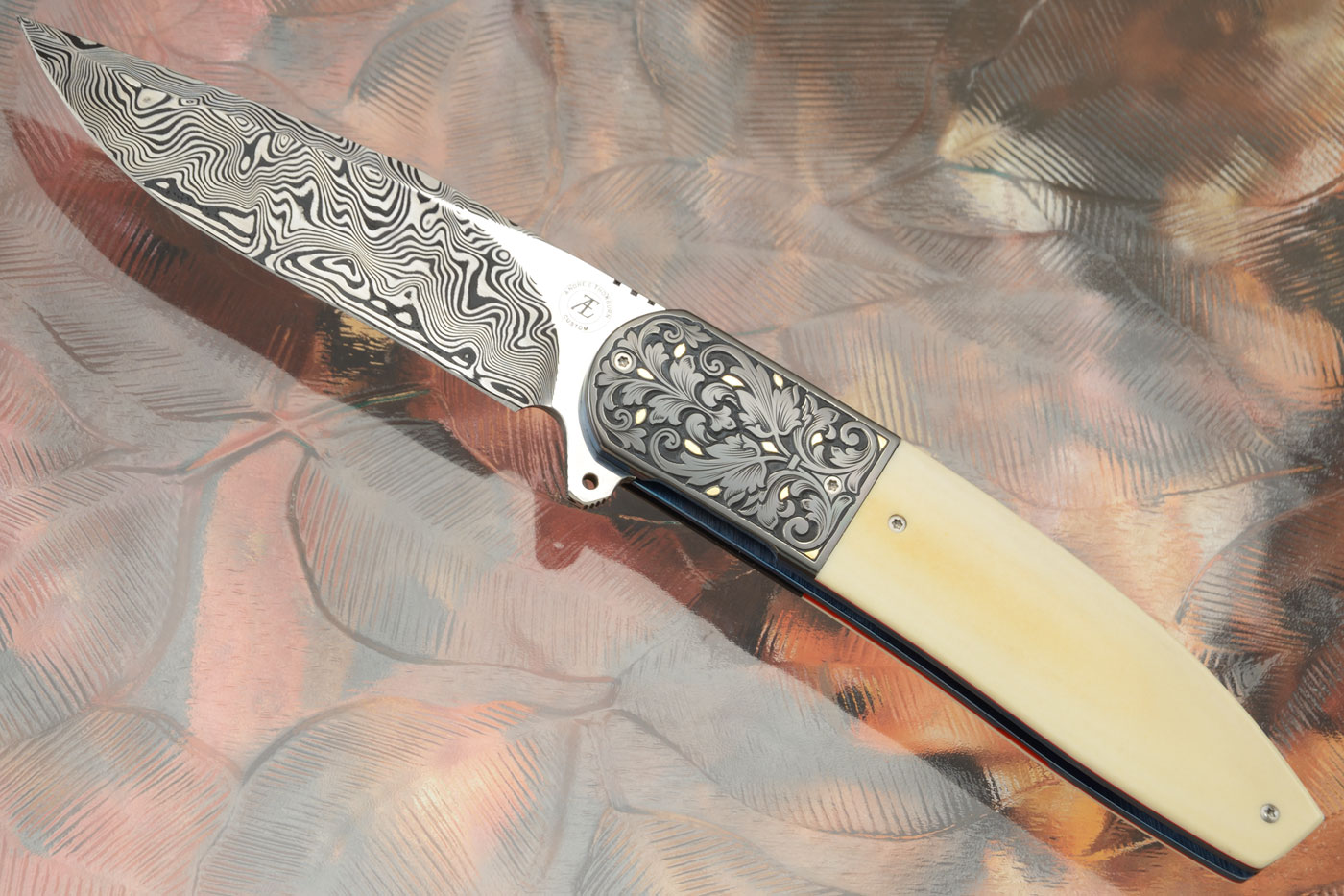 L28M Flipper with Antique Westinghouse Micarta, Damascus, and Engraved Zirconium with Gold Inlays (Ceramic IKBS)