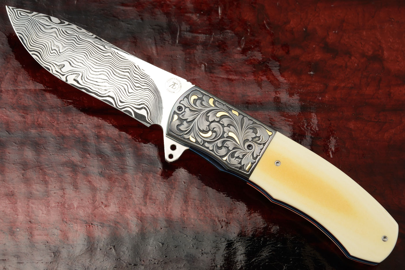 L46 Flipper with Antique Westinghouse Micarta, Damascus, and Engraved Zirconium with Gold Inlays (Ceramic IKBS)
