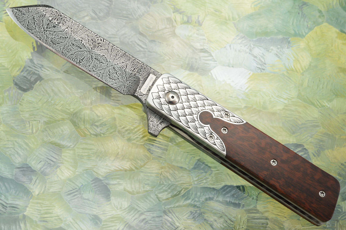 Engraved Keyhole Flipper with Damascus and Snakewood