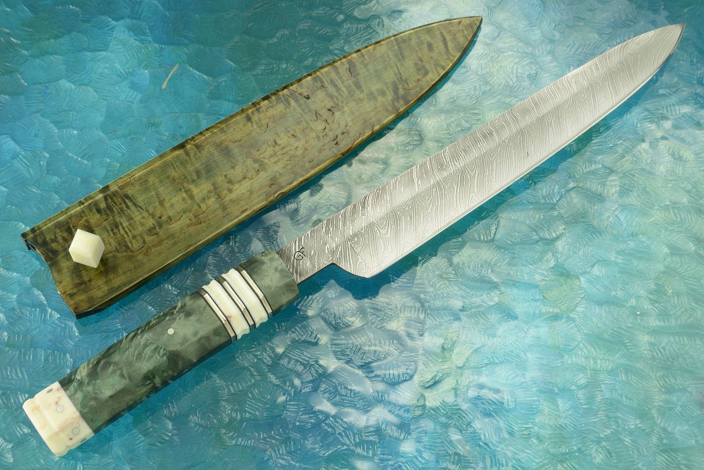 Damascus Chef's Slicer with Masur Birch and Ancient Walrus Ivory