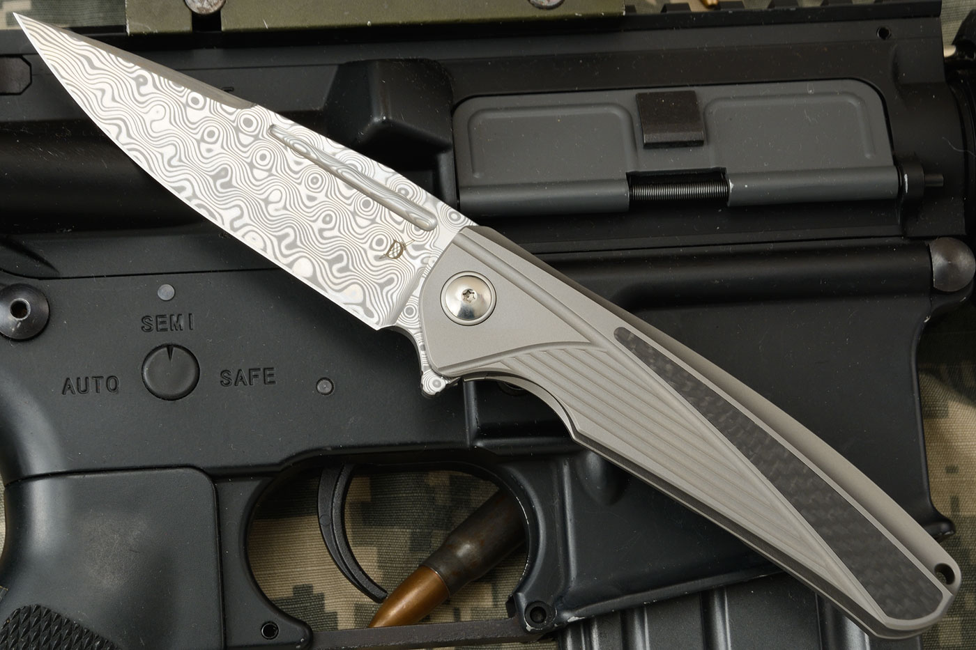 Diskin IDF (Integral Diskin Flipper) Titanium Frame Lock Flipper with Carbon Fiber Inlays and Damasteel