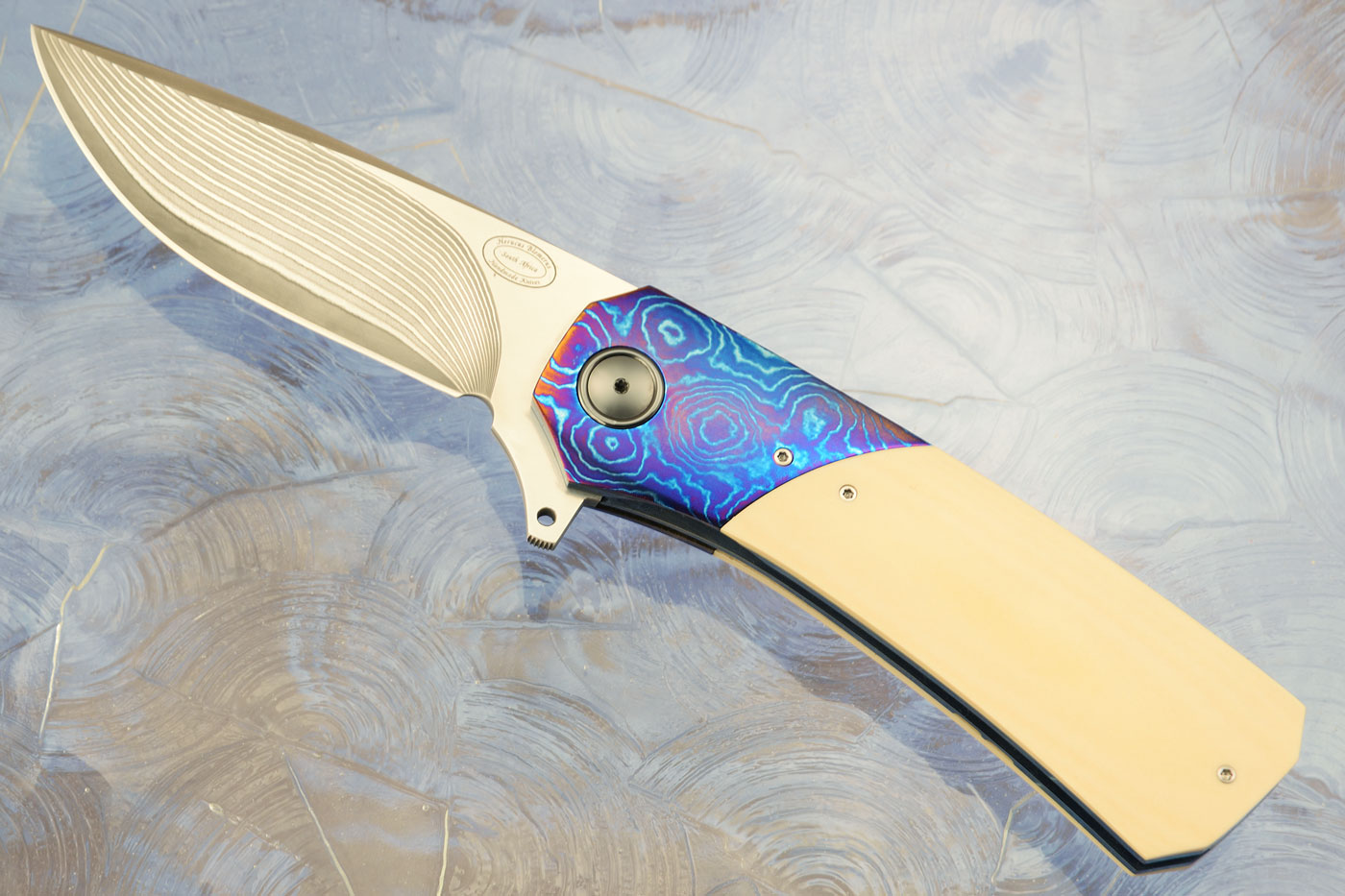 LL15 Flipper with SG2 Damascus San Mai, Titanium Damascus, and Westinghouse Micarta (Ceramic IKBS)