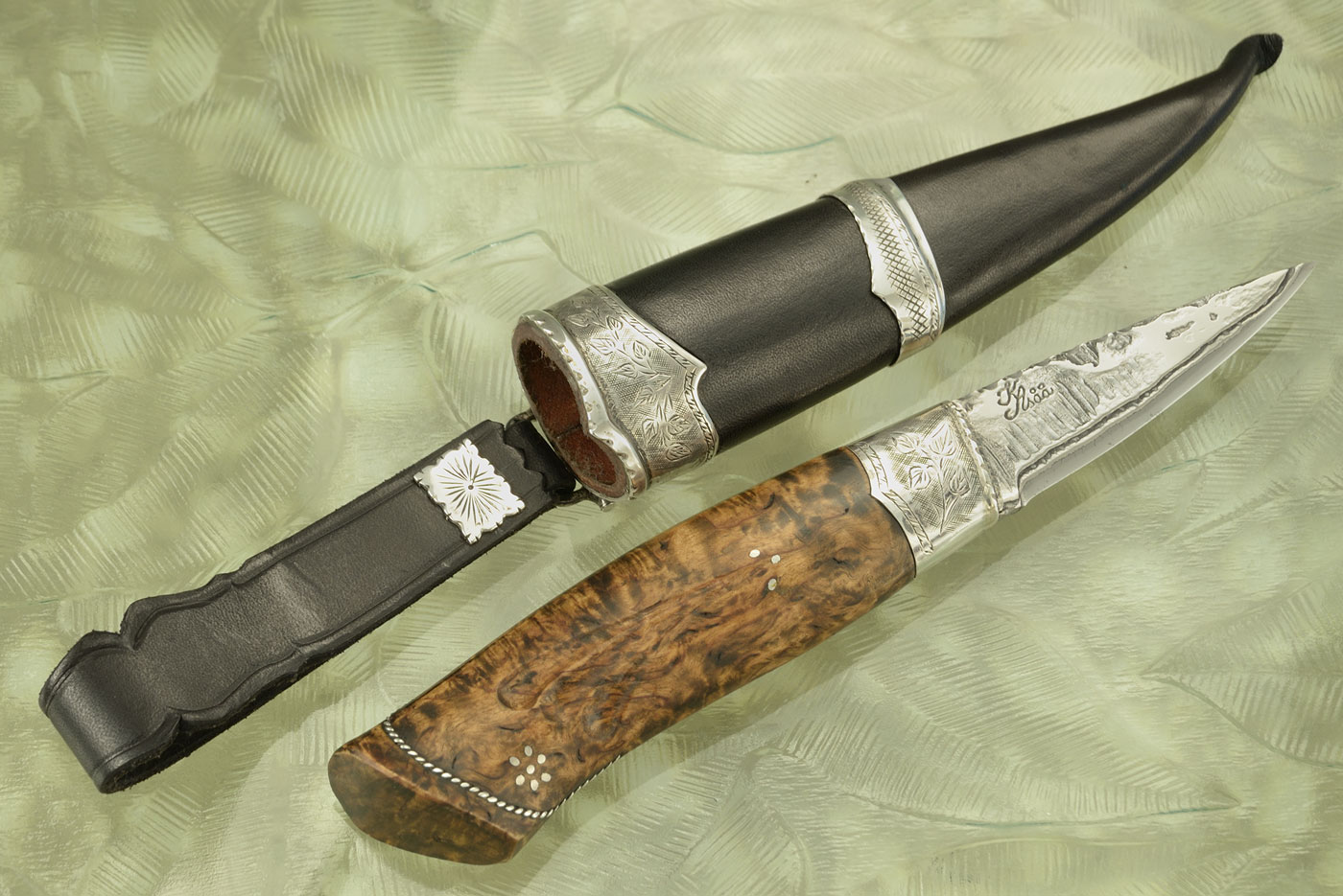 San Mai Puukko with Masur Birch and Engraved Sterling Silver