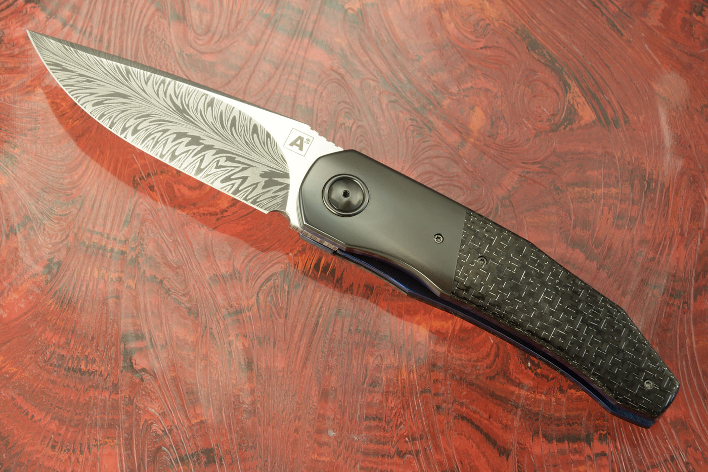 A9 Front Flipper Premium with Feather Damascus, Silver Strike Carbon Fiber, and Zirconium (Ceramic IKBS)