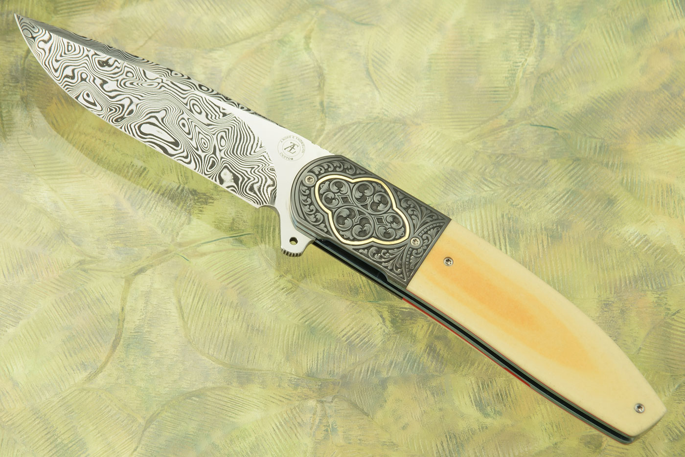L28 Flipper with Antique Westinghouse Micarta, Damascus, and Engraved Zirconium with Gold Inlays (Ceramic IKBS)
