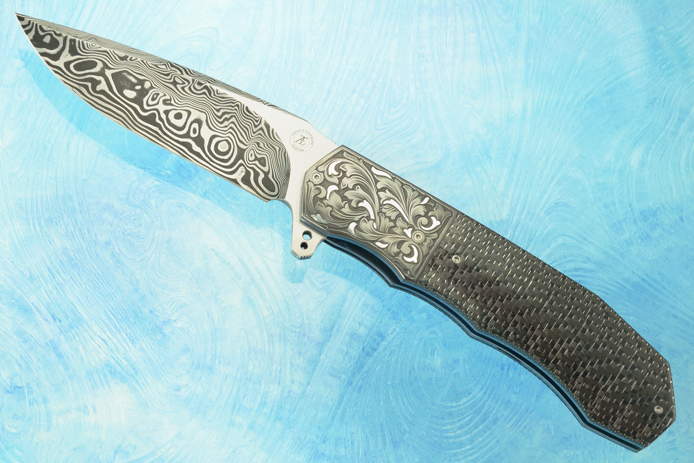 L44 Flipper with Damascus, Nickelwire Carbon Fiber, and Engraved Zirconium with Silver Inlay (Ceramic IKBS)