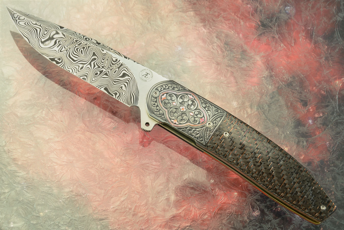 L28 Flipper with Damascus, Bronze Weave Carbon Fiber, and Engraved Zirconium with Bronze Inlay (Ceramic IKBS)