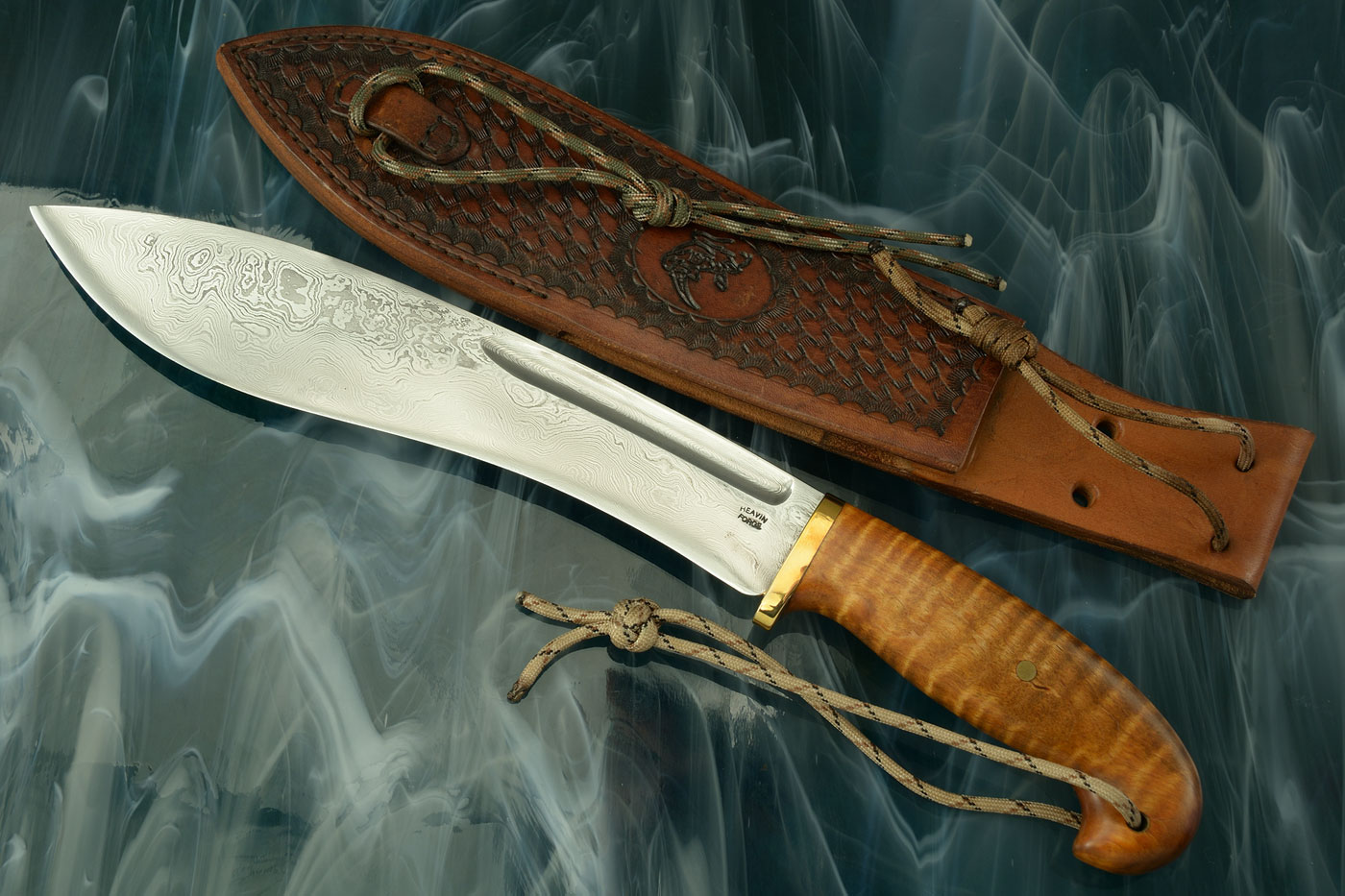 Damascus Rhino Bush Knife (Kukri) with Curly Maple