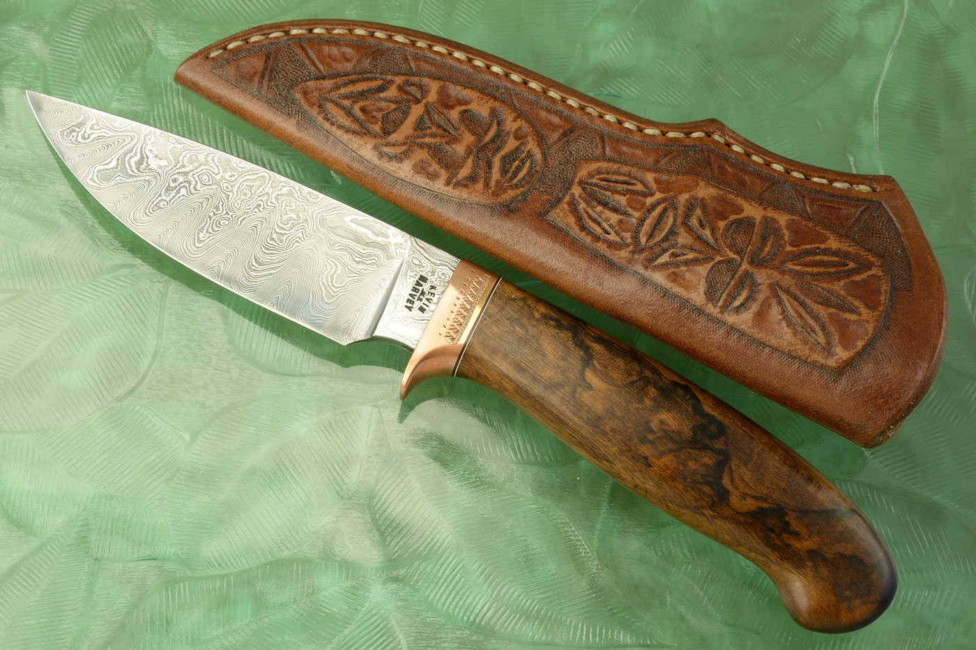 Damascus Drop Point Hunter with Brazilian Hickory Burl