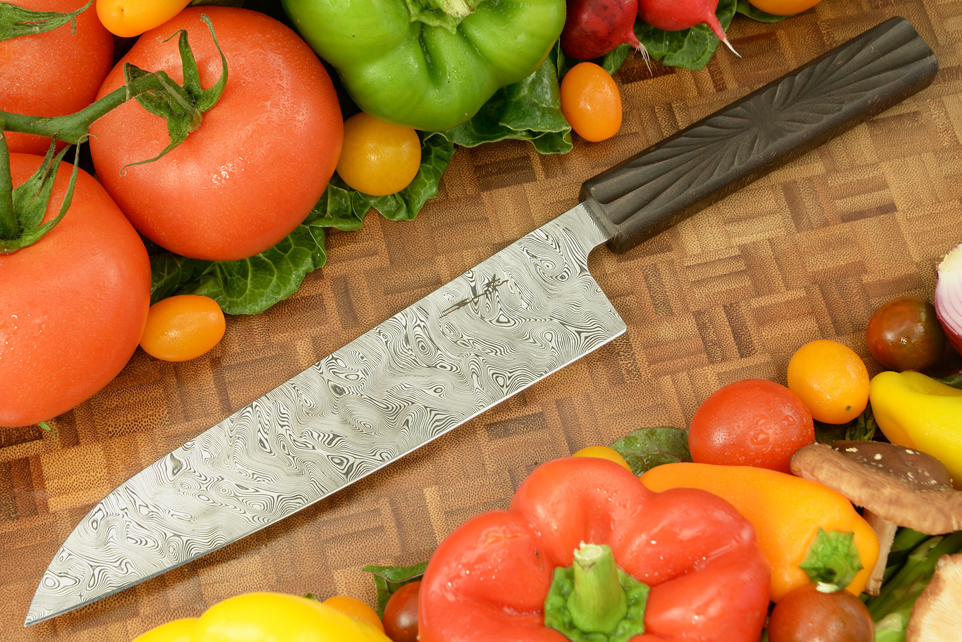 Damascus Chef's Knife (Santoku) with Space Coral FatCarbon, 8 Inch