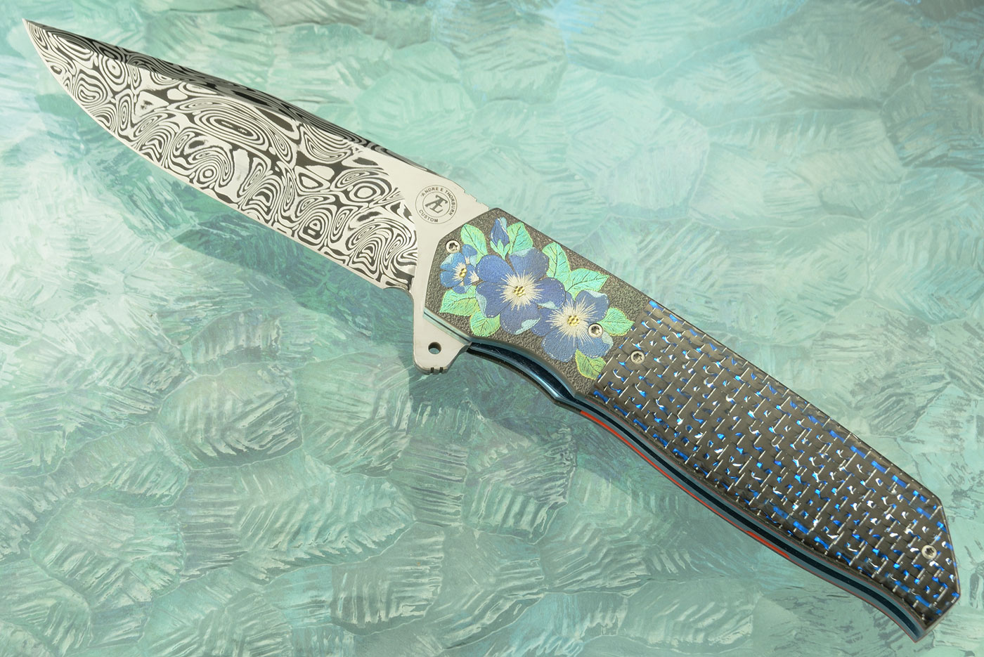L36S Flipper with Blue/Silver Carbon Fiber, Engraved Zirconium, and Damascus (Ceramic IKBS)