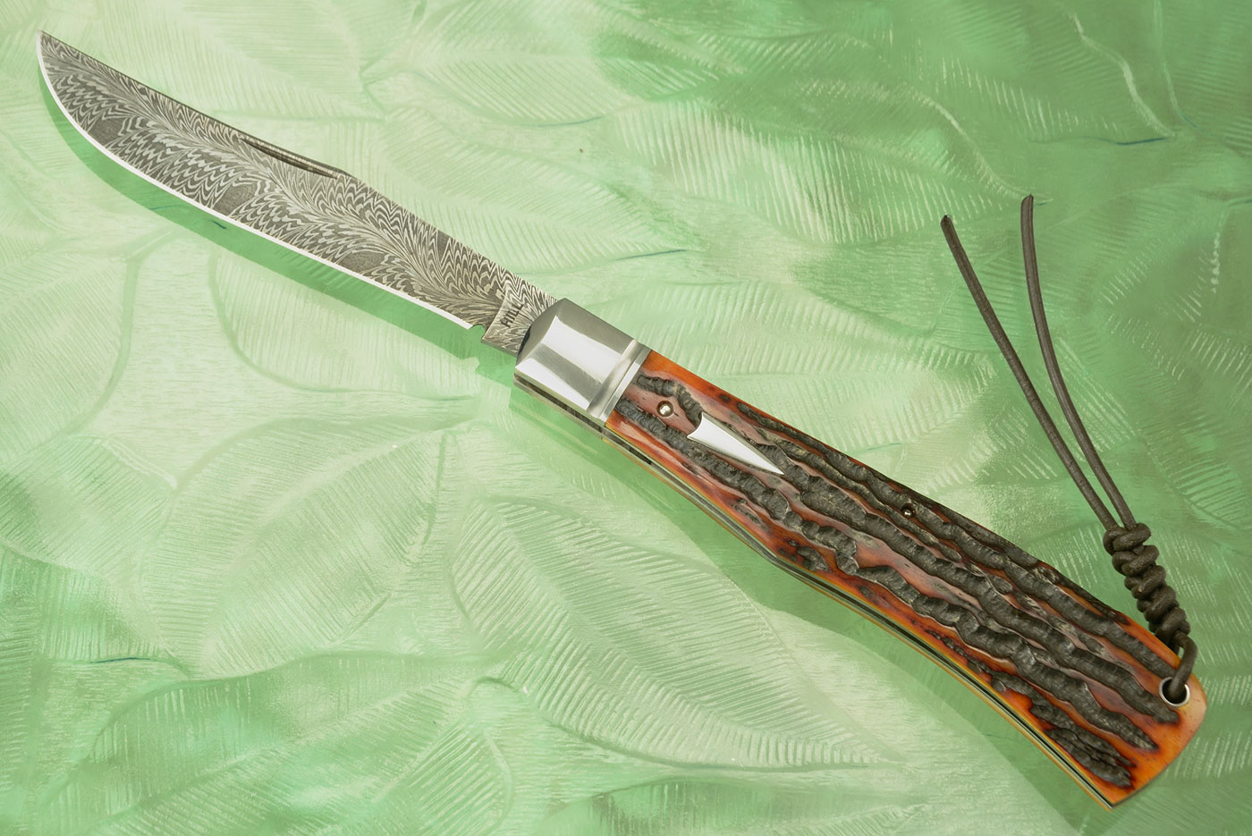 River of Fire Damascus Slipjoint Bird and Trout with Mahogany Jigged Bone