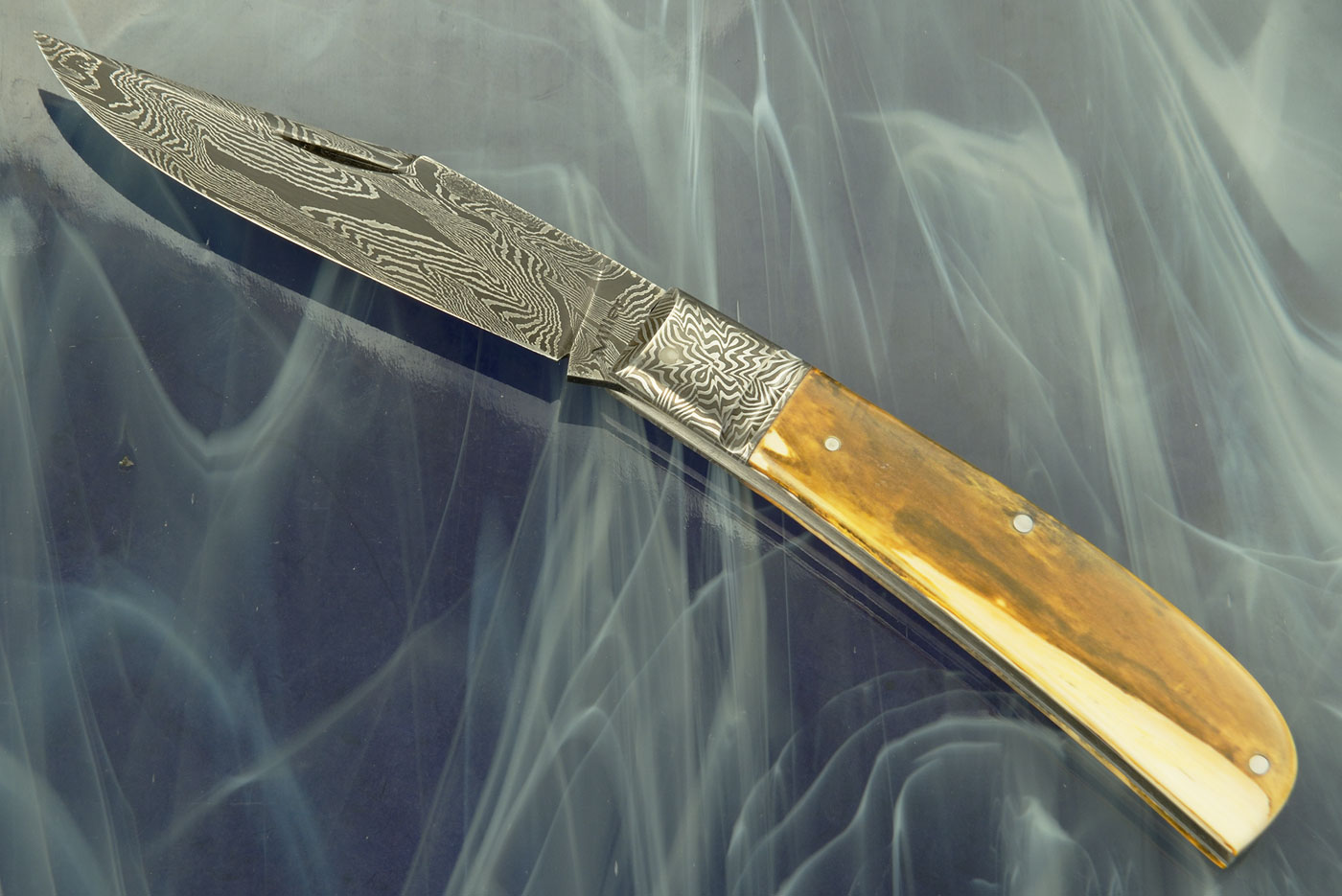 Damascus Flush End Slipjoint Folder with Mammoth Ivory