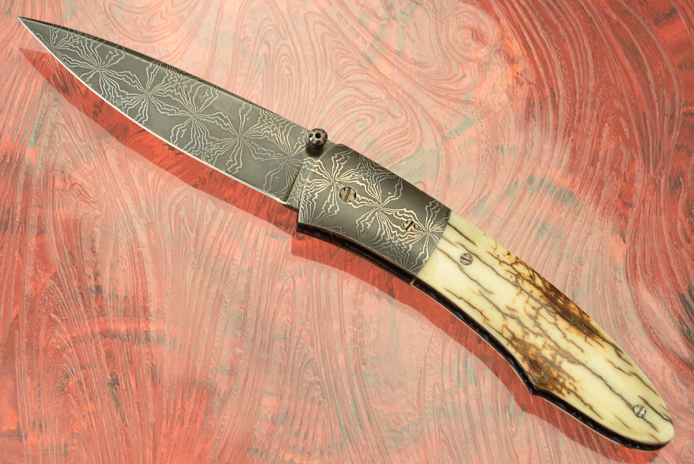 Engraved Radial Damascus Folder with Mammoth Ivory