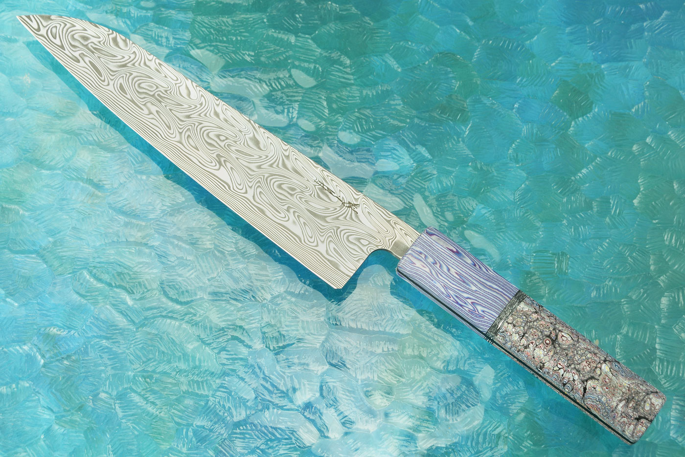 Damascus Chef's Knife (Gyuto) with Fordite and Blue/Purple Micarta, 8 Inch