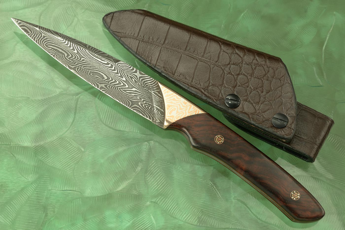 Boot Knife with Damascus, Mokume, and Cocobolo