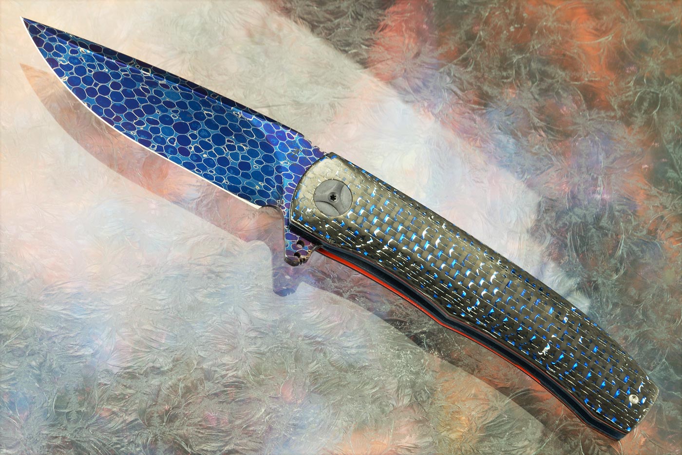 L45 Flipper with Dragonskin Damascus and Blue/Silver Carbon Fiber (Ceramic IKBS)