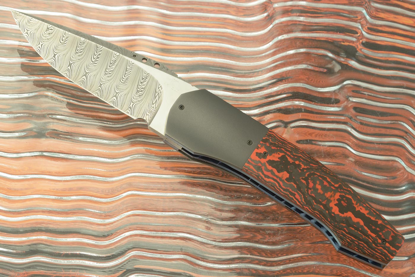 Damascus Maxi Front Flipper with Lavaflow FatCarbon and Zirconium (IKBS)