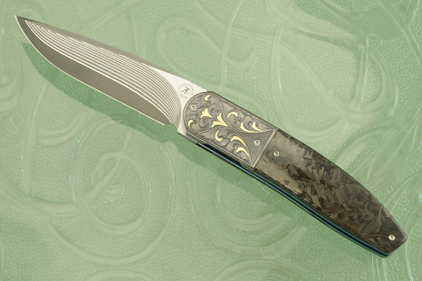 L28 Front Flipper with Shred Carbon Fiber and Engraved Zirconium with Gold Inlays (Ceramic IKBS)