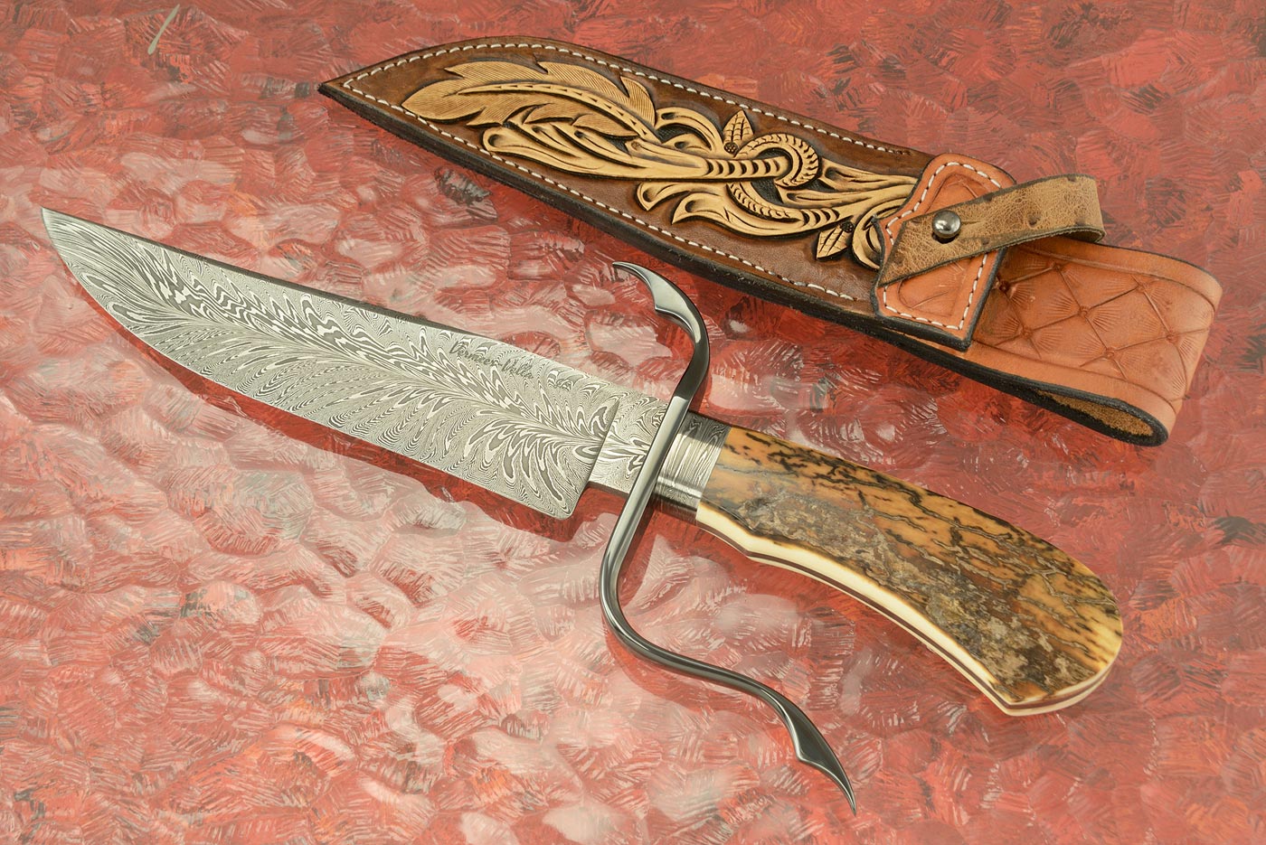 Frame Handle Feather Damascus Bowie with Mammoth Ivory<br><i>Best Fixed Blade</i>, ICCE, 2021