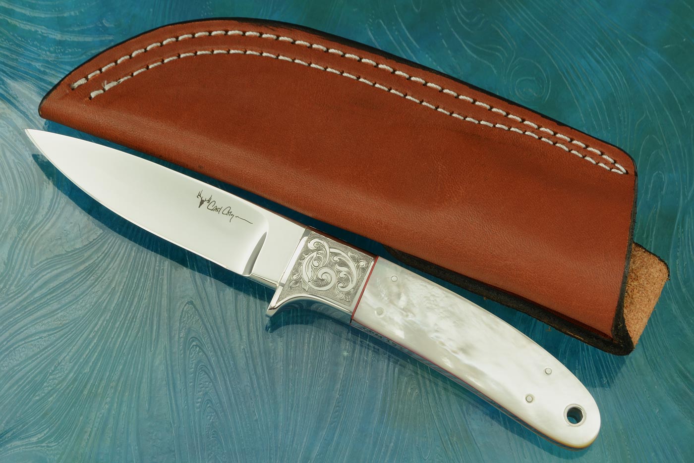 Engraved Bird Knife with Mother of Pearl