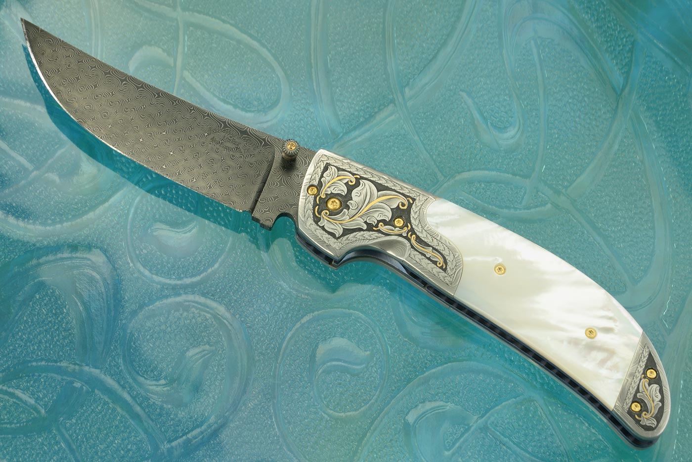 Engraved Campadre Folder with Damascus and Mother of Pearl