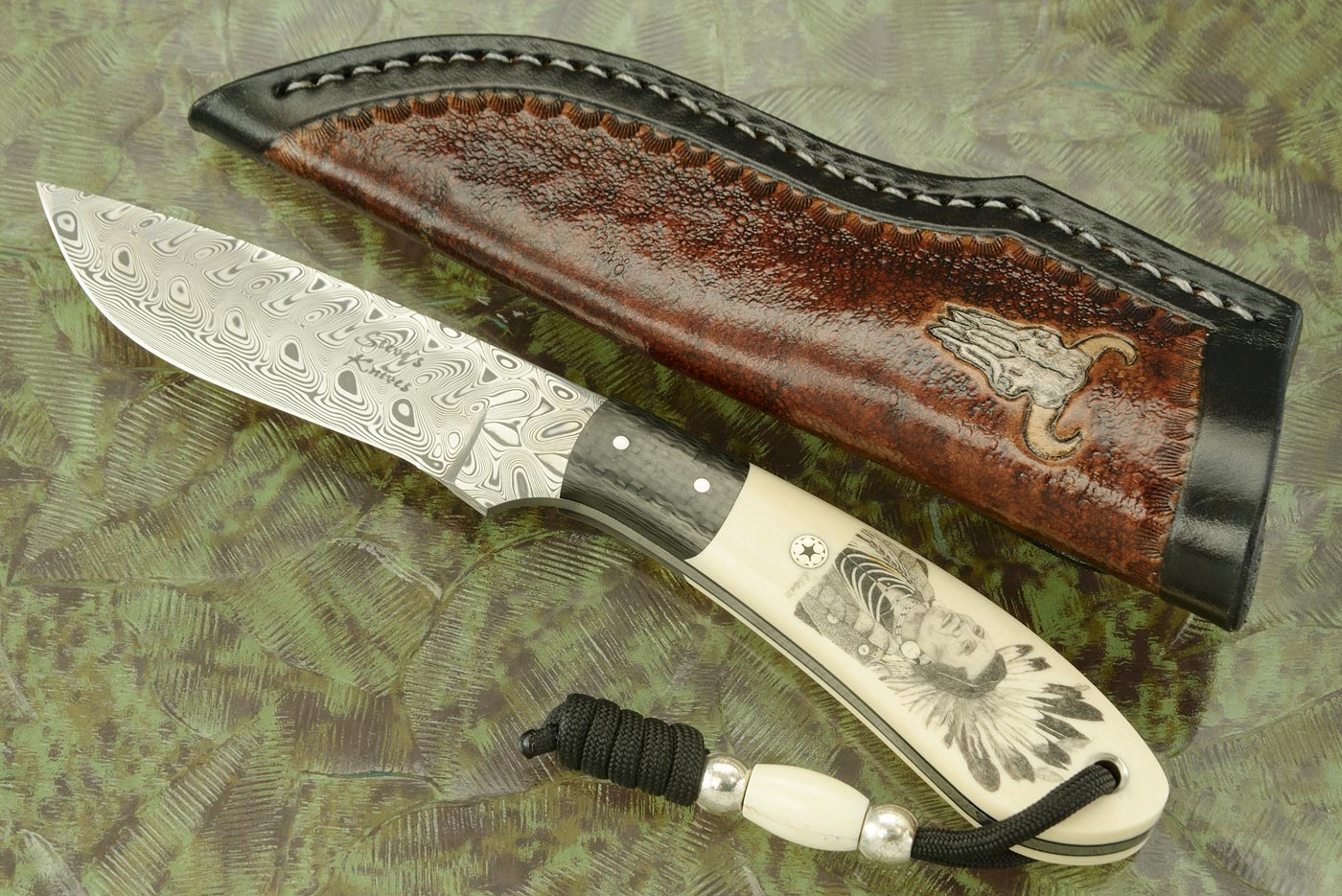 Chief Eagle Scrimshawed Damascus Drop Point Hunter with Mammoth Ivory and Carbon Fiber