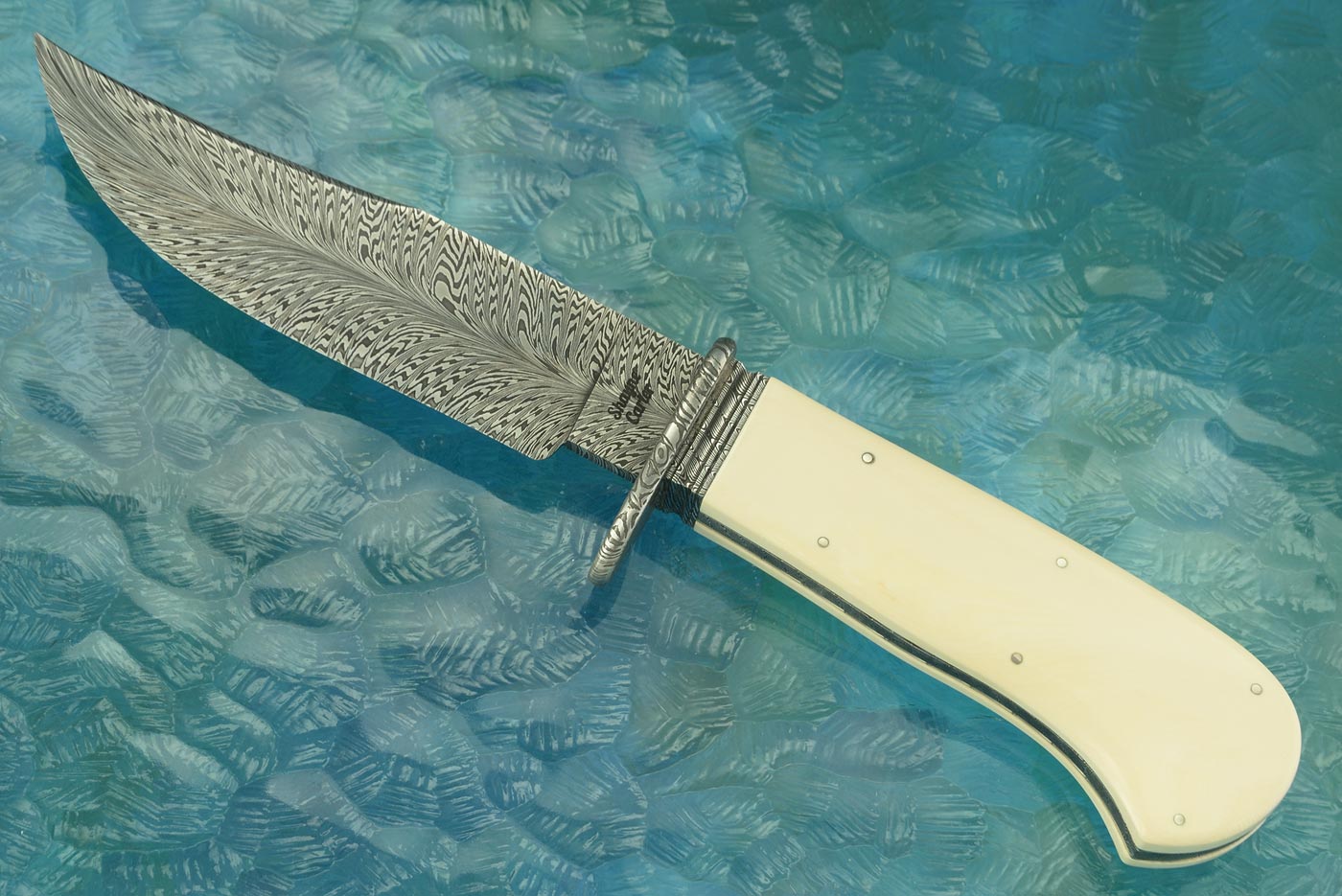 Feather Pattern Damascus Hunter with Mammoth Ivory