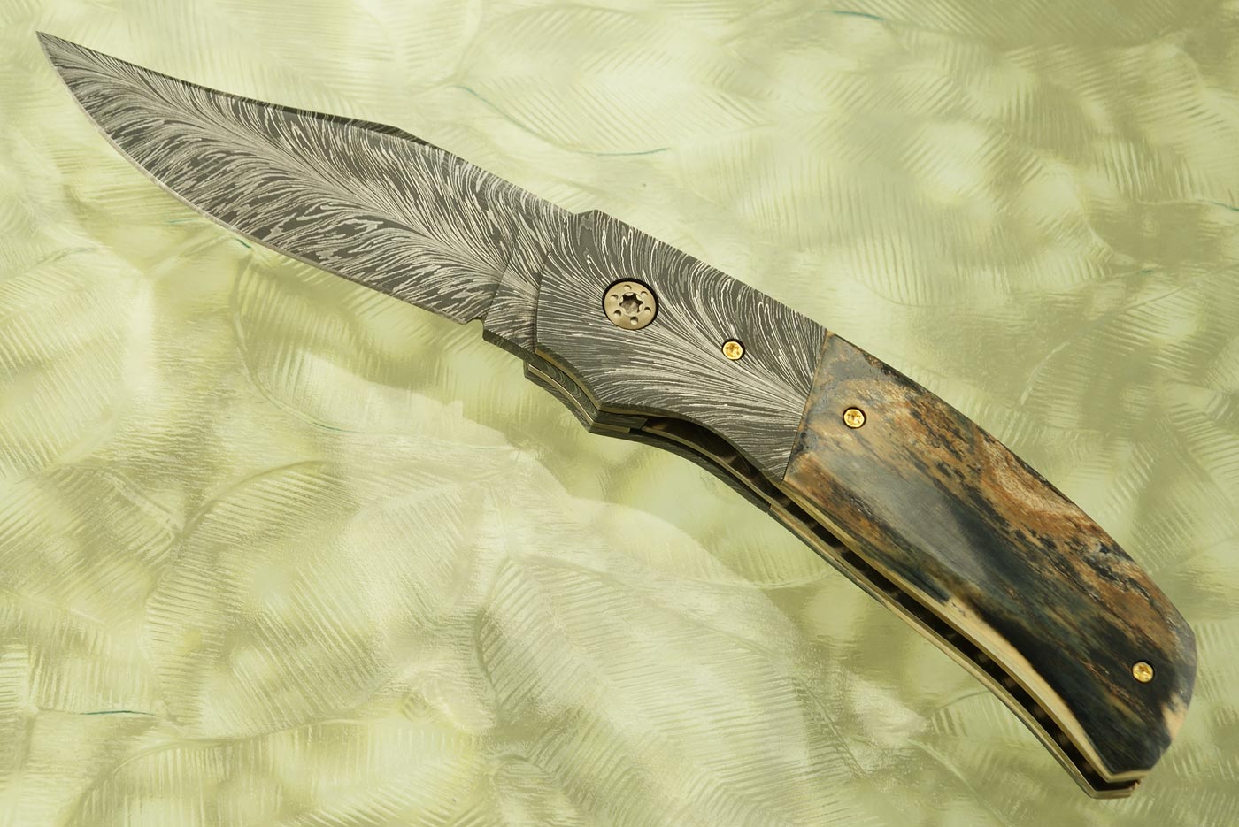 Feather Damascus Senita Flipper with Mammoth Ivory