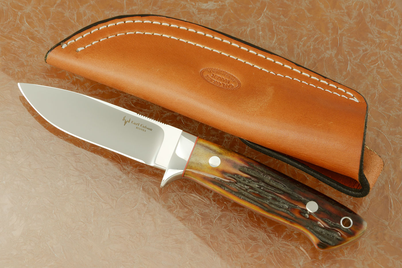 Loveless Style Drop Point Hunter with Amber Stag