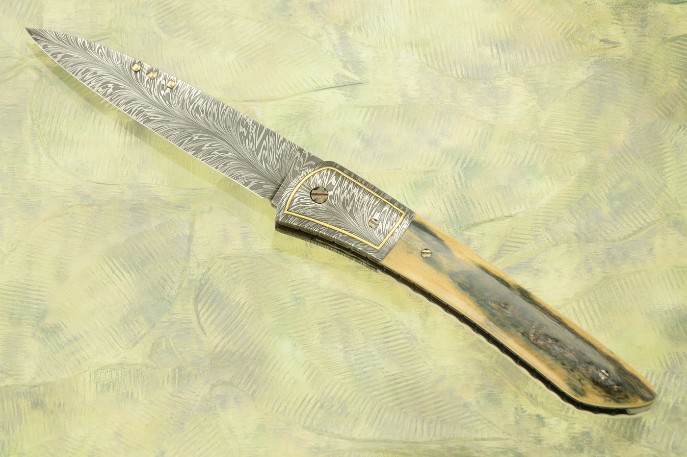 Engraved Feather Damascus Folder with Mammoth Ivory