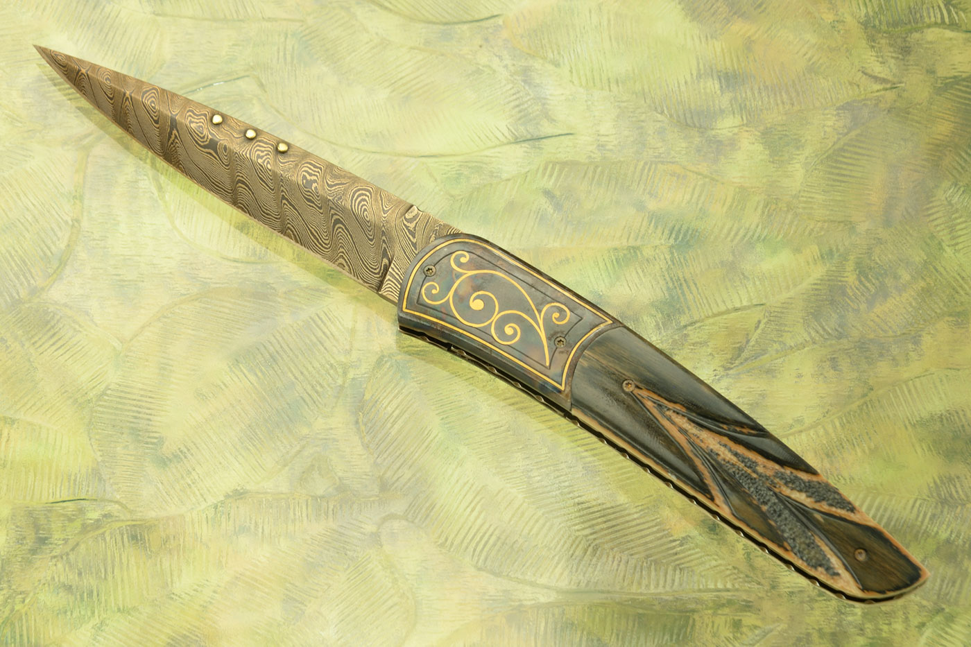 Model 8L Damascus Folder with Carved Mammoth Ivory