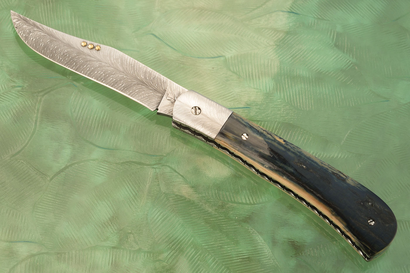 Feather Damascus Slipjoint Folder with Mammoth Ivory