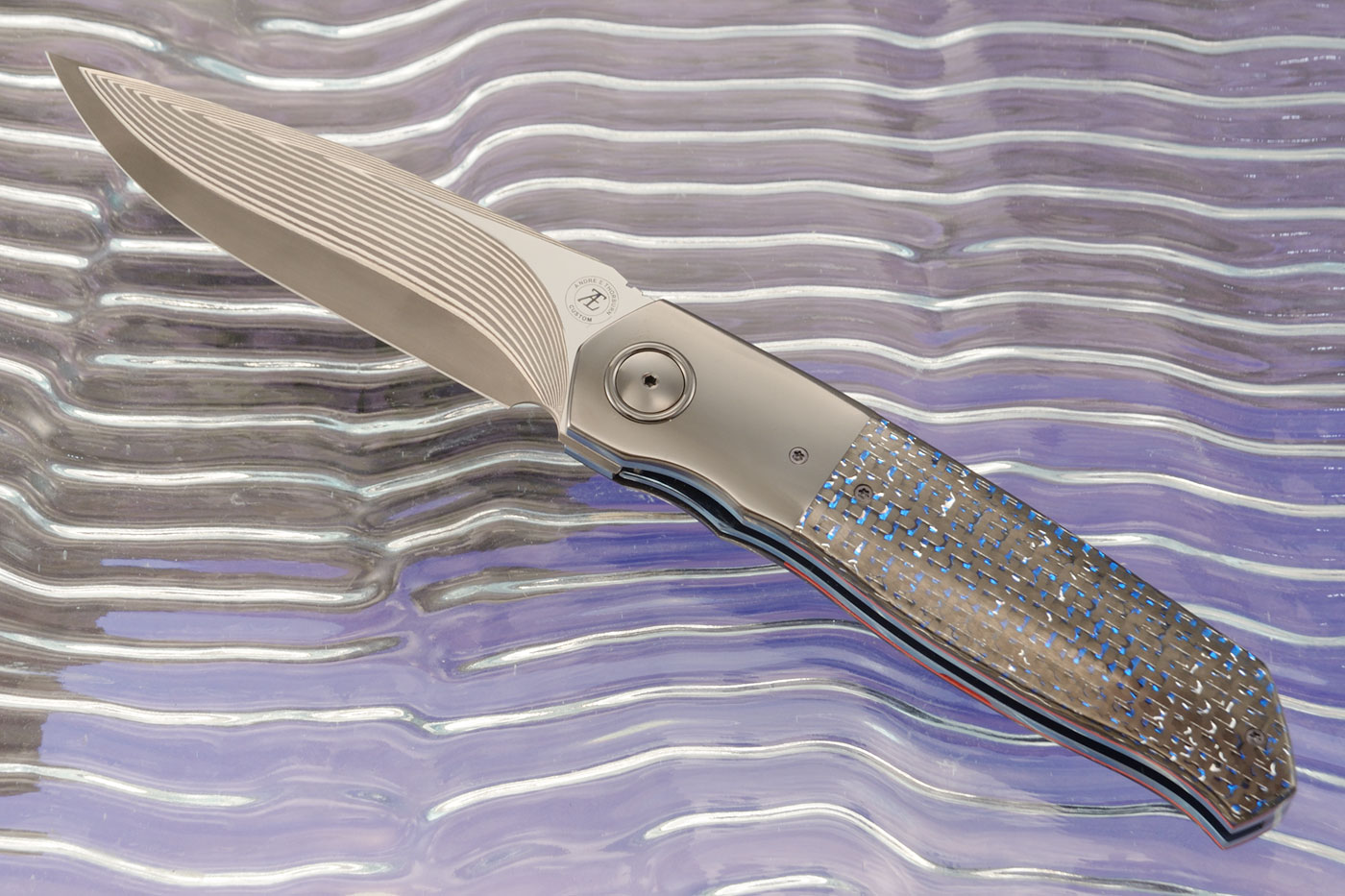 L36 Compact Front Flipper with SG2 San Mai Damascus, Zirconium, and Blue/Silver Twill (Ceramic IKBS)