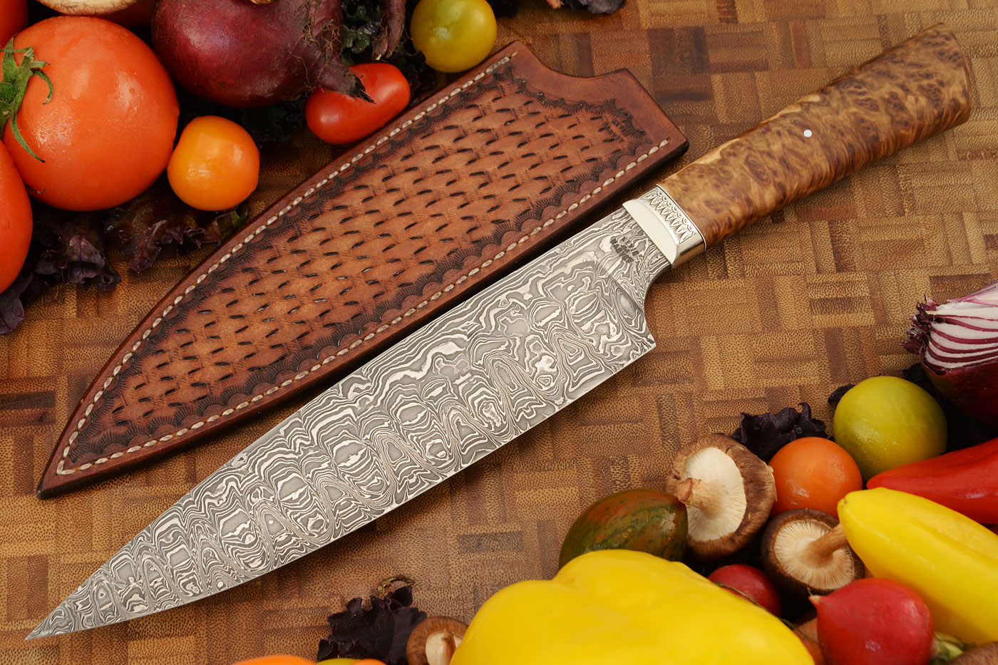 Engraved Damascus Chef's Knife (8 in.) with Australian York Gum Burl