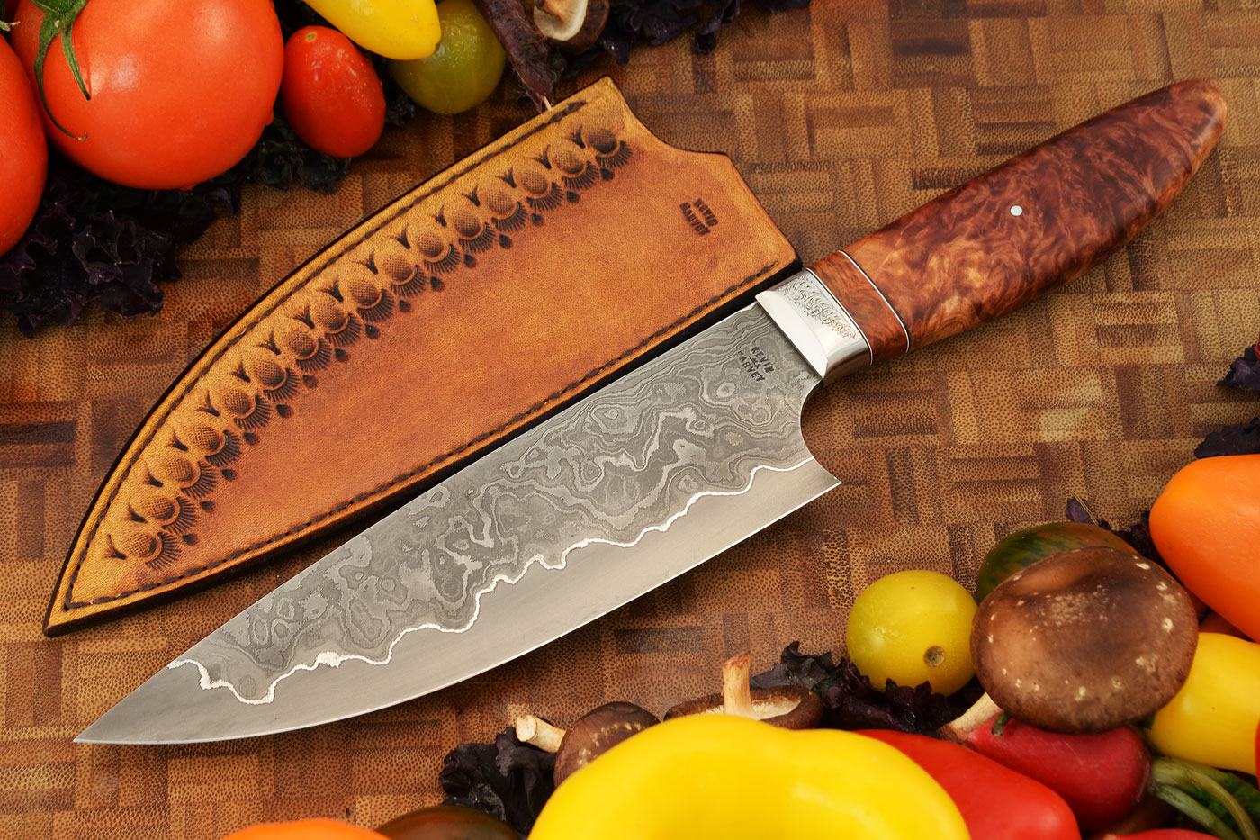 Engraved San Mai Damascus Chef's Knife (6-2/3 in.) with Desert Yarram